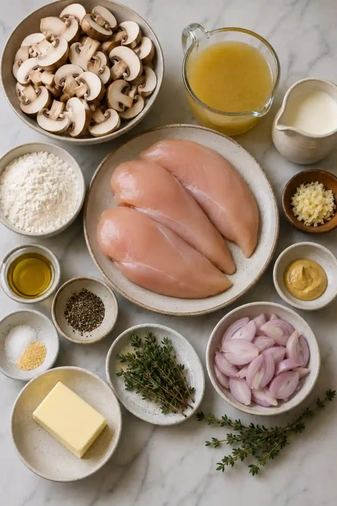 Chicken with mushroom cream sauce served hot in a rustic skillet. Deeply browned mushrooms and tender chicken are coated in a rich, silky garlic and thyme sauce.
