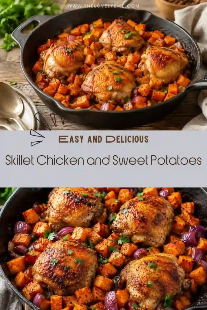 A cast iron skillet filled with juicy chicken thighs and roasted sweet potatoes coated in a glossy honey chipotle glaze. This Skillet Chicken and Sweet Potatoes recipe is colorful, hearty, and perfect for weeknight dinners.