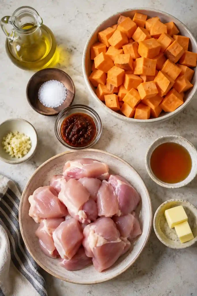 One pan Skillet Chicken and Sweet Potatoes garnished with fresh parsley and served hot. Tender chicken and roasted sweet potatoes create a comforting family meal.