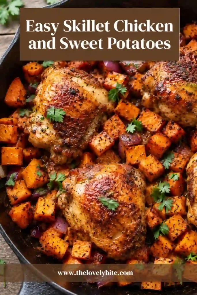 Close-up of tender chicken and roasted sweet potatoes cooked together in a skillet with honey butter sauce. This healthy skillet chicken recipe is ideal for family dinners.