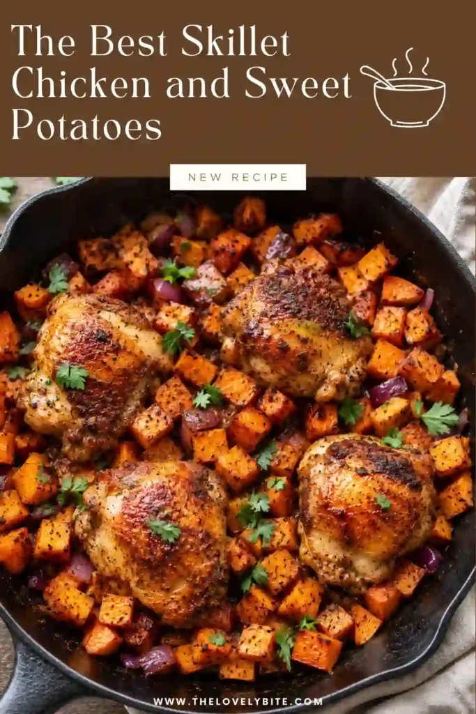 Freshly baked Skillet Chicken and Sweet Potatoes served directly from a cast iron skillet with herbs. The chicken is golden brown while the sweet potatoes are perfectly caramelized.