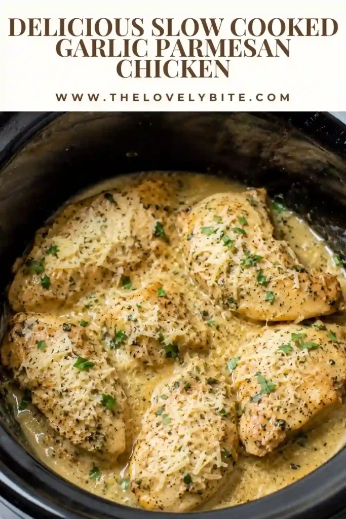 Creamy Slow Cooked Garlic Parmesan Chicken served in a bowl with tender shredded chicken and a rich Parmesan sauce. Fresh parsley adds a bright finishing touch.