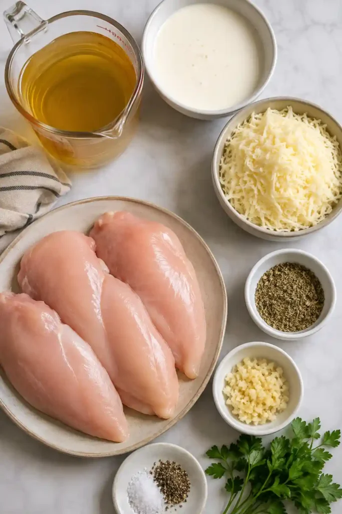 Homemade Slow Cooked Garlic Parmesan Chicken with tender shredded chicken in a creamy Parmesan garlic sauce. Fresh parsley provides a colorful garnish.