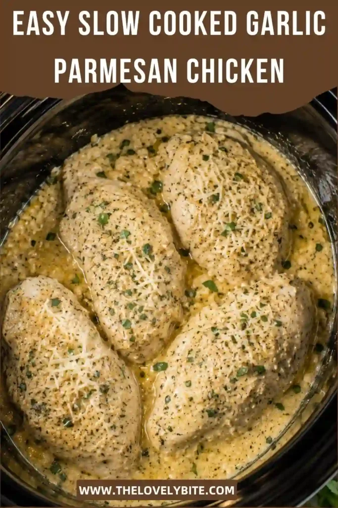 Slow Cooked Garlic Parmesan Chicken shown with tender chicken pieces covered in a creamy garlic and Parmesan sauce. The dish has a rich, savory appearance and fresh parsley garnish.