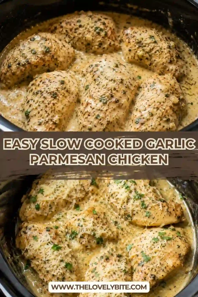 A comforting serving of creamy garlic Parmesan chicken made in a slow cooker. Shredded chicken is surrounded by a rich Parmesan cream sauce and finished with parsley.