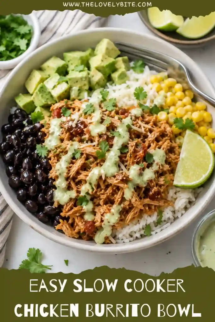 A homemade chicken burrito bowl featuring tender slow cooker chicken, rice, black beans, corn, avocado, cilantro, and lime. The ingredients are arranged in colorful sections for an inviting Mexican-inspired meal.