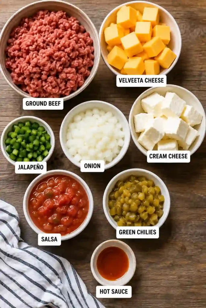A bowl of slow cooker queso beef dip filled with creamy melted cheese, ground beef, green chilies, salsa, and jalapeño. The rich beef queso dip is served warm with crunchy tortilla chips.