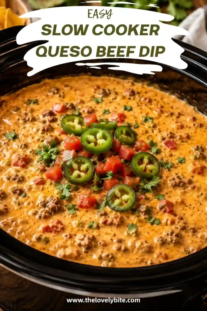 Slow cooker queso beef dip served in a bowl with tortilla chips for dipping. The cheesy beef dip has a smooth texture with visible jalapeño, salsa, and green chilies.