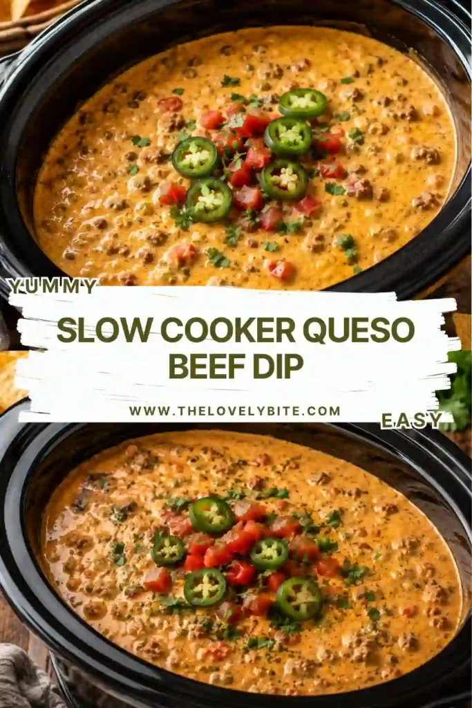 A close-up of creamy slow cooker queso beef dip topped with flavorful ground beef and green chilies. Tortilla chips surround the rich cheese dip for an easy party appetizer.