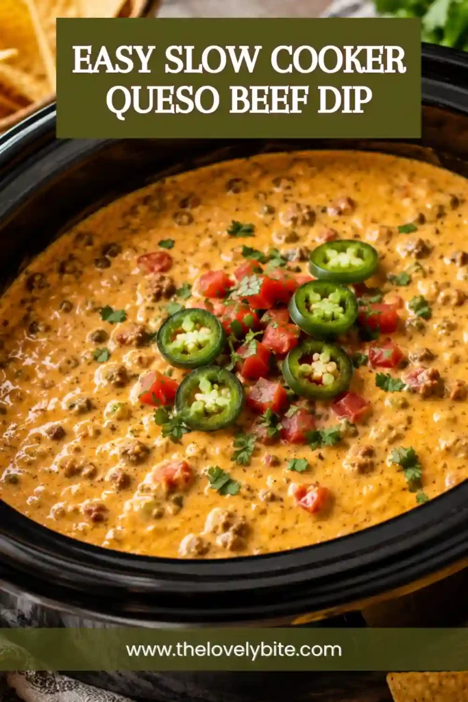 Homemade slow cooker queso beef dip in a serving bowl with golden tortilla chips. The creamy cheese dip contains seasoned ground beef, salsa, jalapeño, and green chilies.