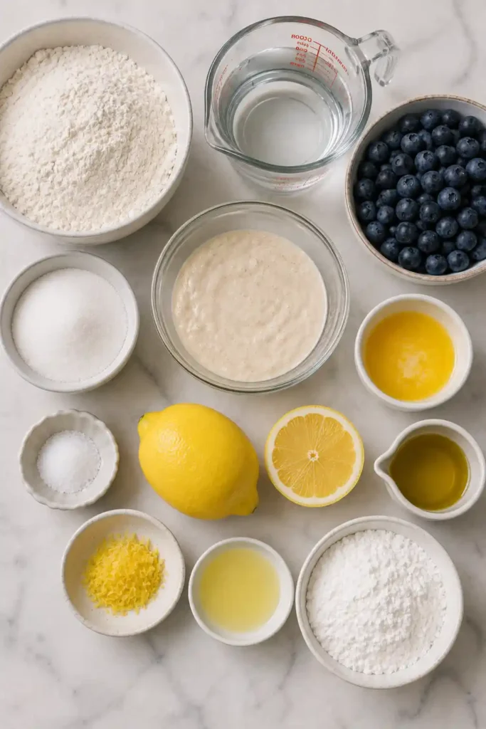 Sweet sourdough focaccia covered with baked blueberries and fresh lemon glaze. The homemade bread has crisp golden edges, an airy center, and pockets of juicy berries.