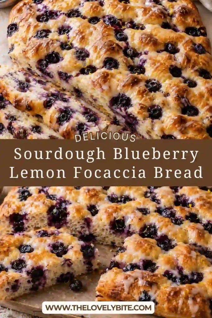 Blueberry sourdough focaccia baked until golden with fresh blueberries nestled into deep focaccia dimples. A glossy lemon glaze is drizzled over the soft, bubbly bread.