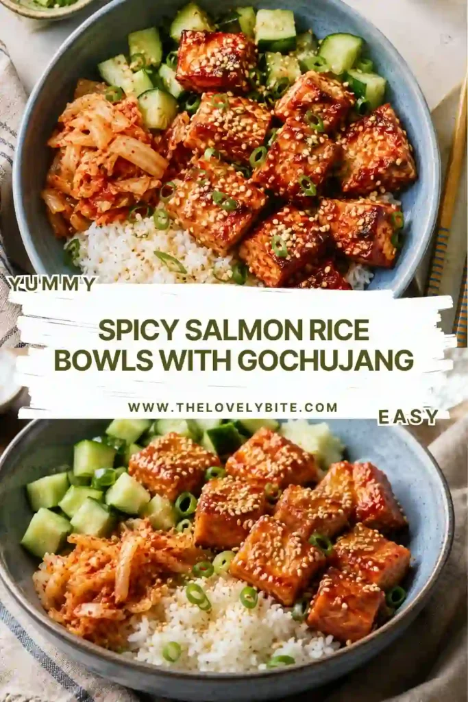 A Spicy Salmon Rice Bowl filled with tender gochujang salmon, sticky rice, crisp cucumber, and tangy kimchi. Toasted sesame seeds add texture to the finished bowl.