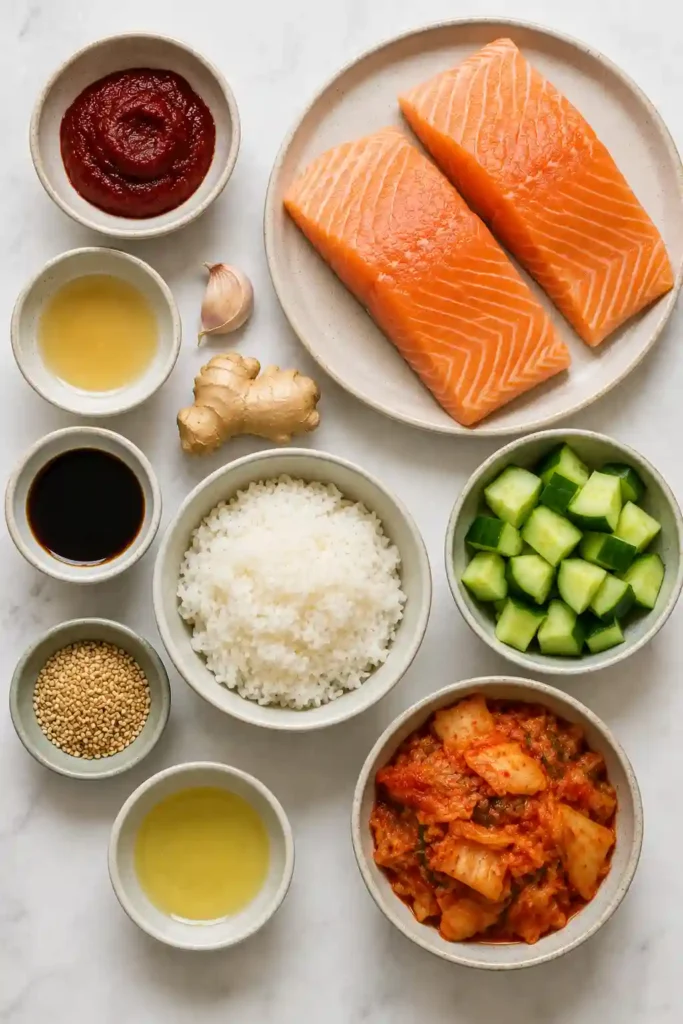 Korean-inspired salmon rice bowl featuring spicy glazed salmon pieces, fluffy sticky rice, fresh cucumber, and kimchi. The bowl is finished with toasted sesame seeds for extra texture.