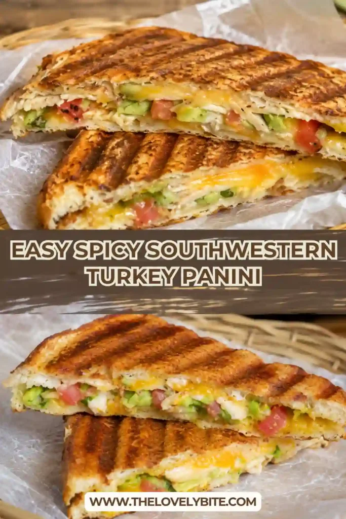 A golden Spicy Southwestern Turkey Panini sliced in half to reveal layers of roasted turkey, melted Colby Jack cheese, creamy avocado, and tomato. The toasted sourdough has crisp edges and a rich golden-brown finish.