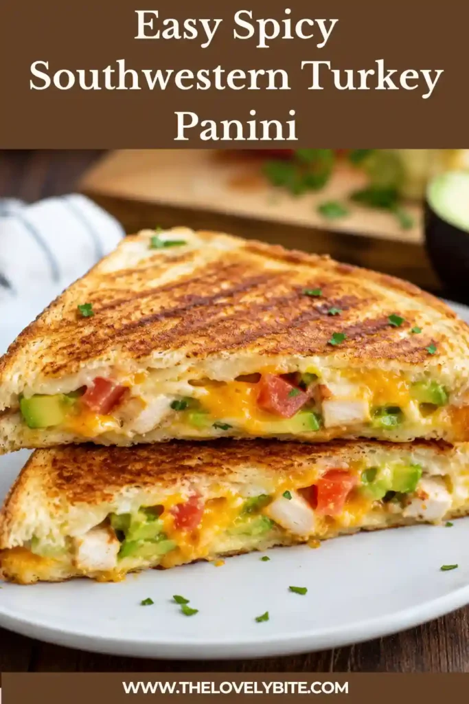 A close-up of an avocado turkey sandwich pressed until the sourdough is crisp and golden. Melted Colby Jack cheese, sliced roasted turkey, creamy avocado, and diced tomato are visible between the toasted bread.
