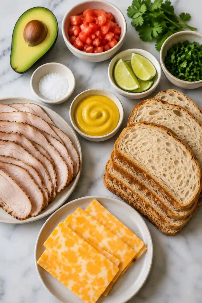A grilled turkey sandwich featuring golden sourdough, melted cheese, roasted turkey, avocado, and fresh tomato. The toasted bread and creamy filling create an inviting combination of crisp and soft textures.