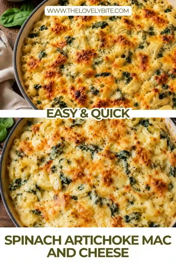 A creamy pan of Spinach Artichoke Mac and Cheese topped with bubbling golden cheese. Tender pasta is coated in a rich cheese sauce with spinach and artichoke hearts.