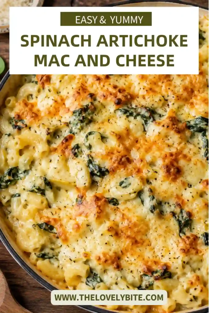 Close-up of creamy spinach artichoke mac and cheese with melted mozzarella, Monterey Jack, and Parmesan. Green spinach and artichoke hearts are visible throughout the cheesy pasta.