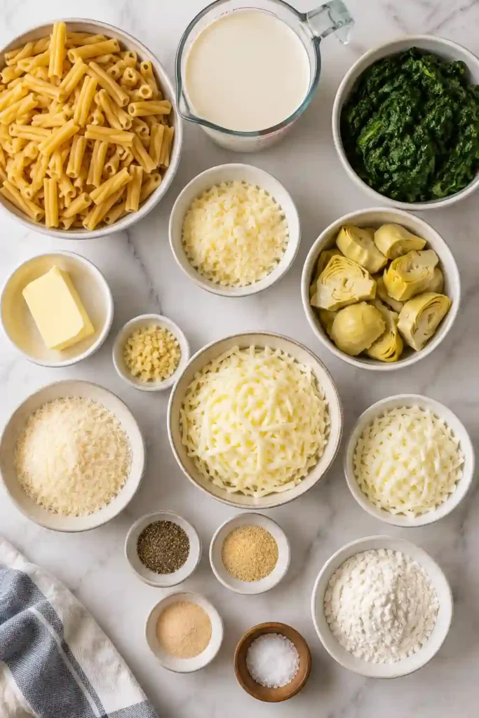 A serving of spinach artichoke mac and cheese featuring creamy pasta, tender spinach, and flavorful artichoke hearts. The top is covered with melted cheese browned lightly under the broiler.