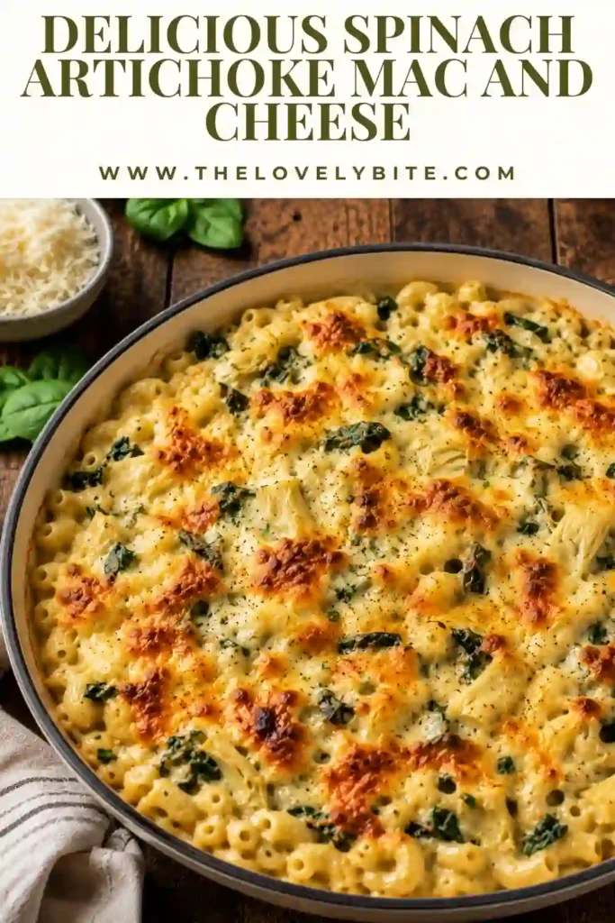 Homemade Spinach Artichoke Mac and Cheese served hot from the skillet with a bubbling golden cheese crust. The creamy pasta is filled with spinach and marinated artichoke hearts.