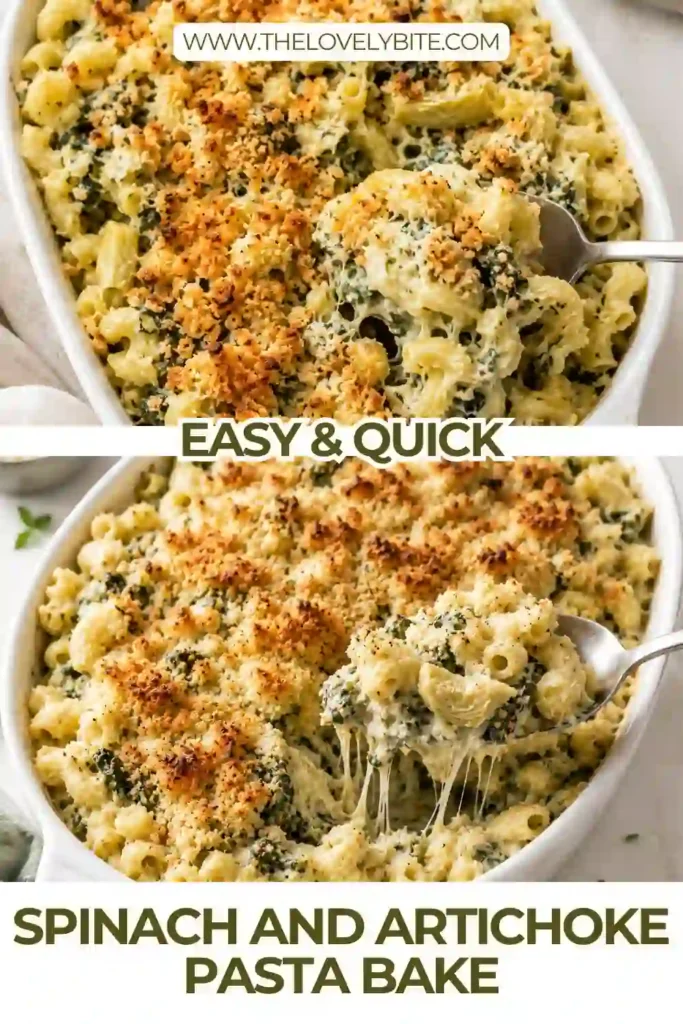 Close-up view of spinach and artichoke pasta bake with creamy mozzarella sauce and a crunchy golden topping. Tender pasta is coated with spinach, chopped artichokes, and melted cheese.