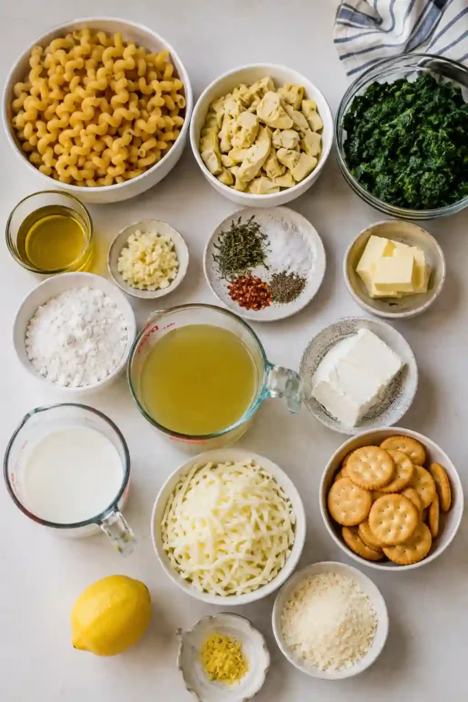 A baked spinach and artichoke pasta bake sits in a rectangular casserole dish with a golden Parmesan cracker topping. Creamy pasta, spinach, artichokes, and melted cheese are visible beneath the crisp topping.