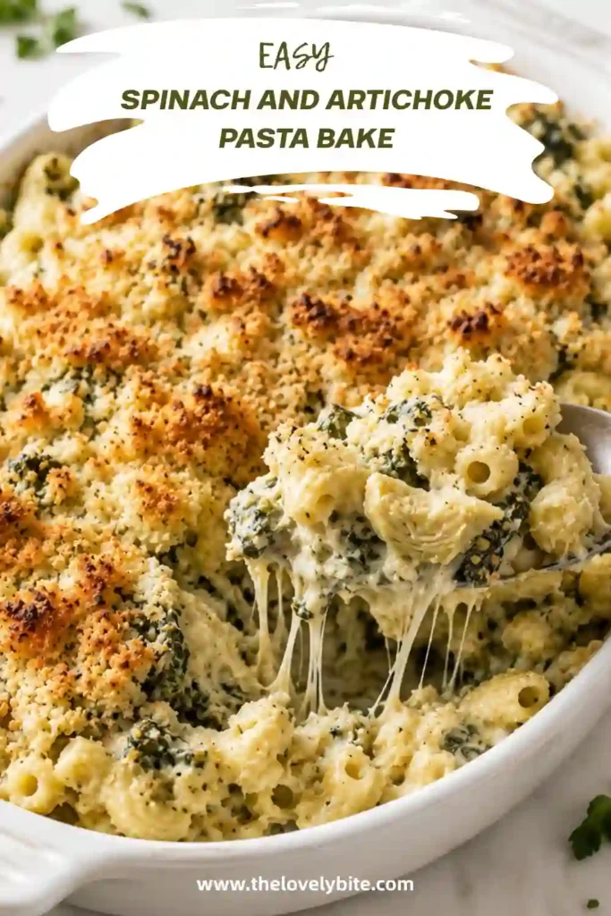 Homemade spinach artichoke pasta bake served hot from the oven in a casserole dish. The creamy vegetarian pasta is finished with golden breadcrumbs, Parmesan, and melted cheese.