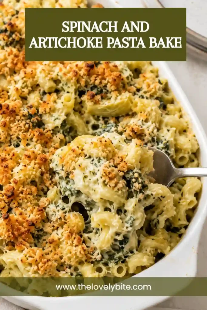 Creamy spinach and artichoke pasta casserole topped with crisp Parmesan crackers and melted mozzarella. The baked pasta has golden edges and a rich, creamy texture.
