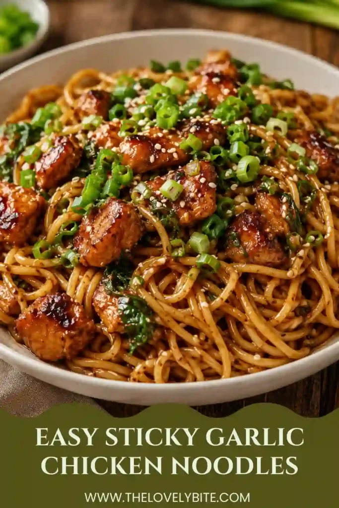 Sticky chicken noodles with bite-sized golden chicken coated in a sweet and savory garlic sauce. Tender noodles, sesame seeds and fresh green onions complete the dish.