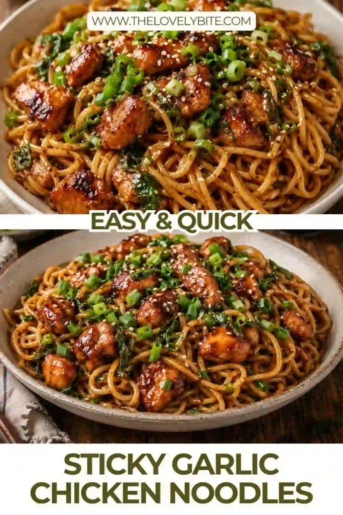 Honey garlic chicken noodles tossed with juicy chicken in a sticky soy, garlic and ginger sauce. The finished noodle bowl is garnished with chopped green onions and sesame seeds.