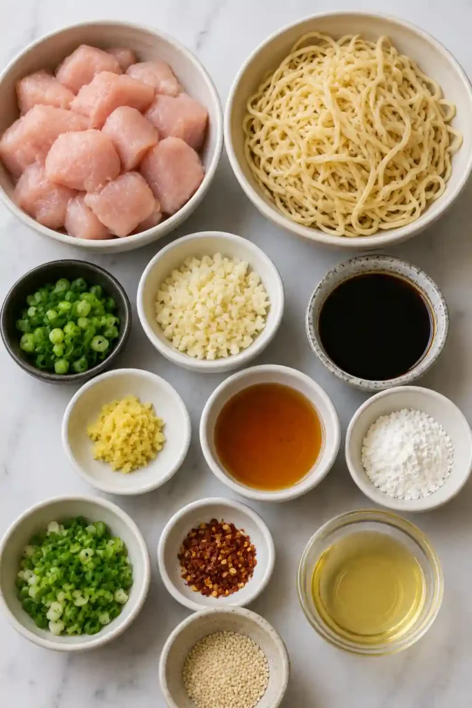 Garlic chicken noodles served hot with glossy honey soy sauce and tender pieces of chicken. Chopped green onions and sesame seeds garnish this easy chicken noodle dinner.