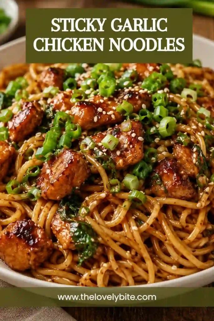Sticky Garlic Chicken Noodles with golden chicken pieces and tender noodles coated in glossy honey garlic sauce. Green onions and sesame seeds add a fresh finishing touch.