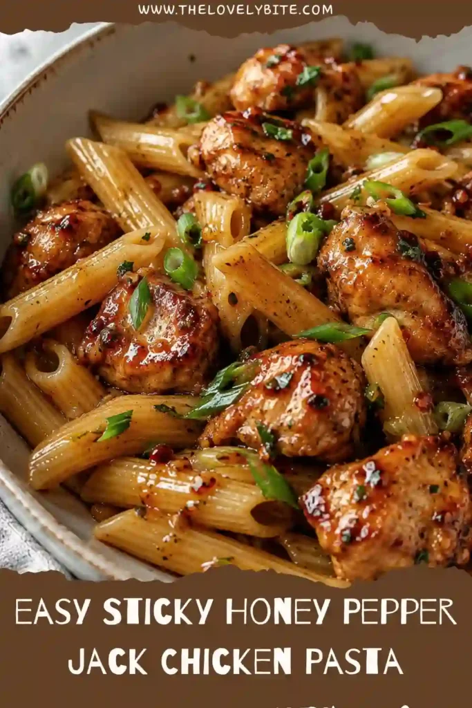 Close-up of honey pepper chicken pasta served warm with melted pepper jack cheese and tender chicken pieces in a sweet and spicy sauce.