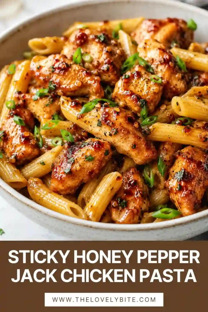 Freshly prepared pepper jack chicken pasta recipe served in a white bowl with green onion garnish and melted cheese.