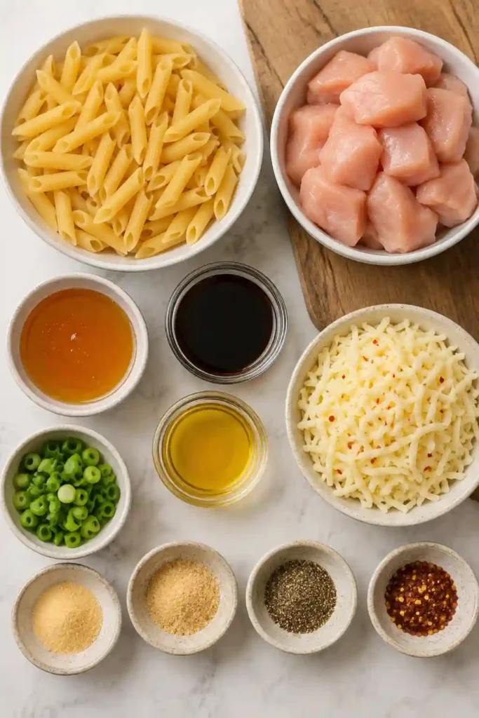 A bowl of Sticky Honey Pepper Jack Chicken Pasta featuring tender chicken, penne pasta, melted pepper jack cheese, and a glossy honey pepper sauce. Garnished with fresh green onions for a vibrant finish.