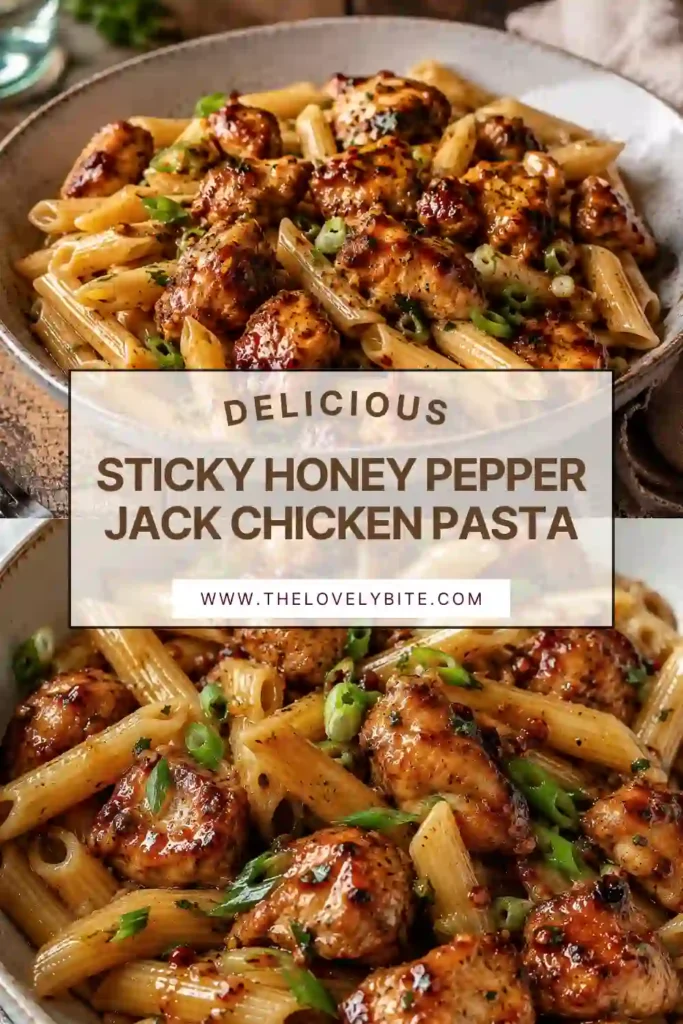 Weeknight chicken pasta made with penne, honey glazed chicken, pepper jack cheese, and fresh green onions.