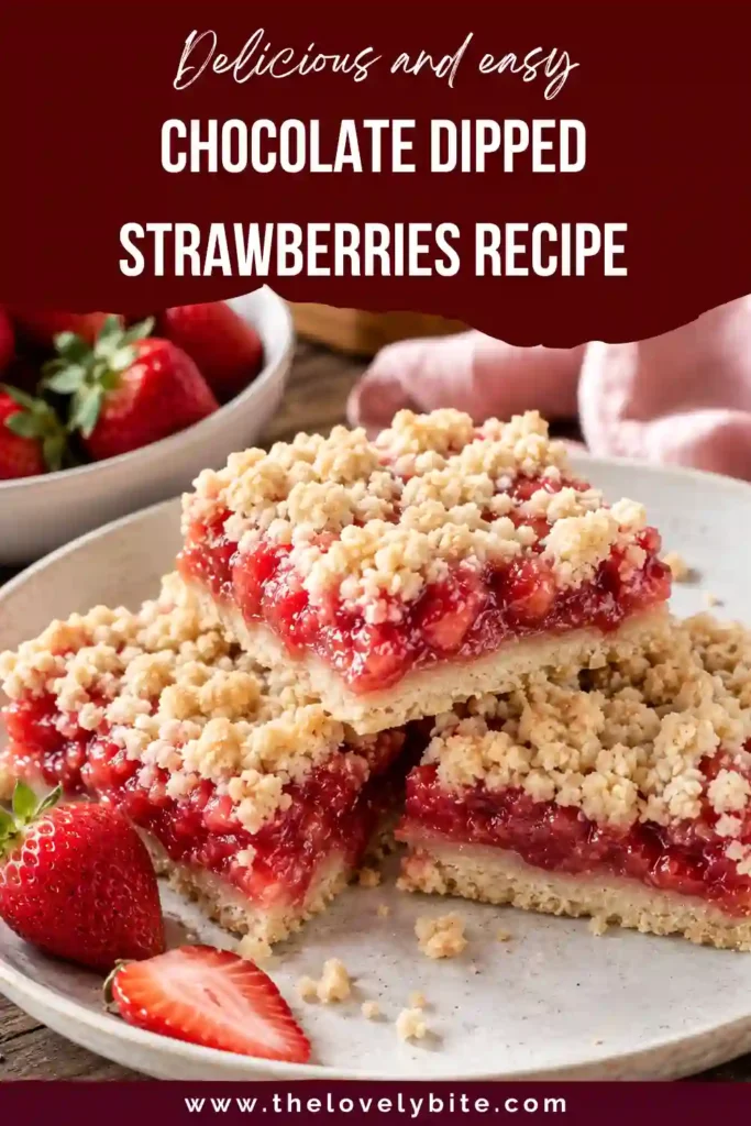 Close-up of Strawberry Crumb Bars featuring sweet strawberries layered between a buttery crust and crisp crumb topping. A simple dessert made with fresh or frozen berries.