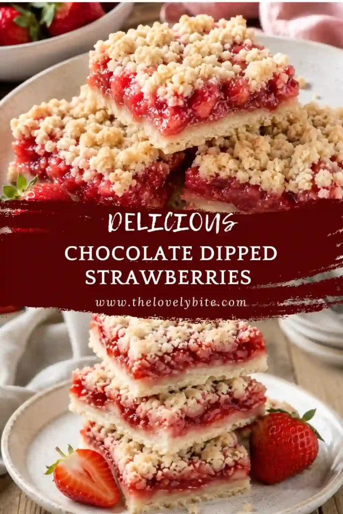 Golden Strawberry Crumb Bars served on a dessert plate with fresh strawberries alongside. Soft fruit filling and crisp buttery topping make these bars irresistible.