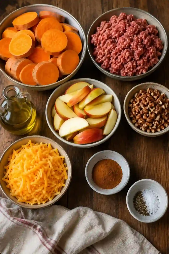 Fall casserole recipe made with tender sweet potatoes, savory beef sausage, apples, pecans, cinnamon, and cheddar cheese. The finished dish is golden, bubbling, and generously layered for a comforting family meal.