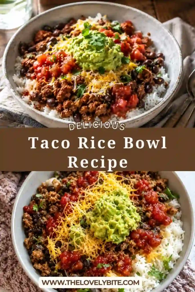 Fresh Taco Rice Bowl topped with seasoned beef, black beans, creamy avocado, cilantro, salsa, and shredded cheese served over warm rice. A quick and satisfying dinner recipe.
