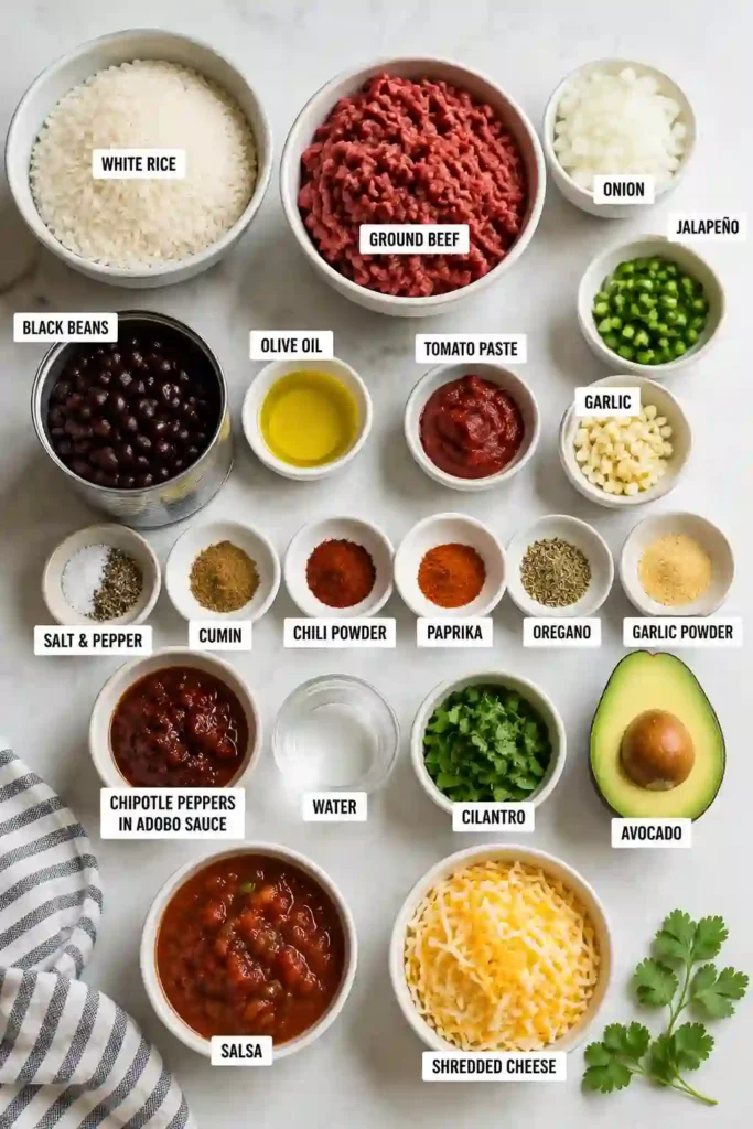 A delicious Taco Rice Bowl featuring seasoned beef, black beans, rice, shredded cheese, fresh cilantro, salsa, and avocado. An easy Mexican-inspired meal for lunch or dinner.