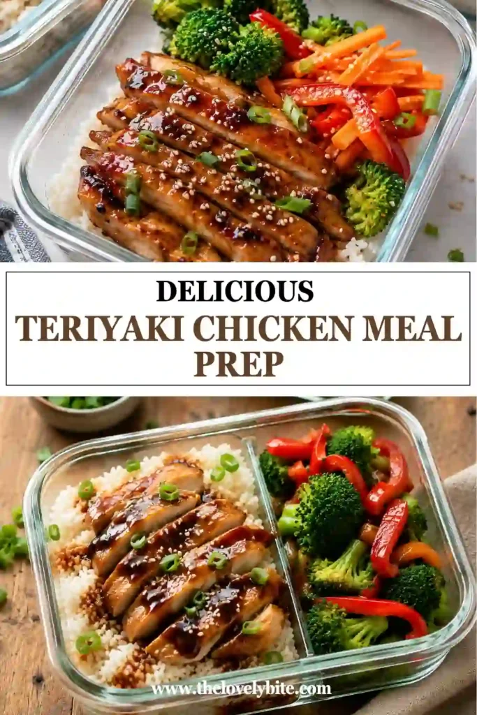 Homemade Teriyaki Chicken Meal Prep featuring glazed chicken breast, broccoli florets, and cooked rice. An easy chicken meal prep recipe for healthy lunches.