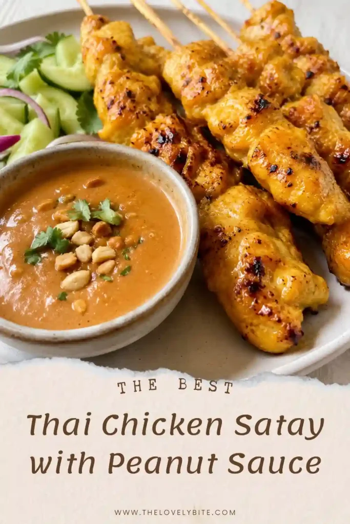 Thai chicken satay skewers with grilled golden-brown chicken served alongside creamy peanut sauce and lime wedges. Fresh cilantro and chopped peanuts add color and texture to this easy chicken satay recipe.