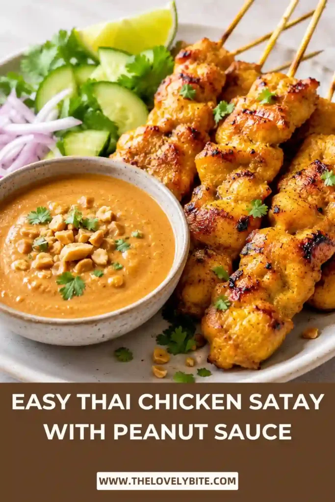 Grilled Thai chicken satay served on wooden skewers with a bowl of homemade Thai peanut sauce. The juicy chicken has lightly charred edges and is garnished with fresh herbs and peanuts.