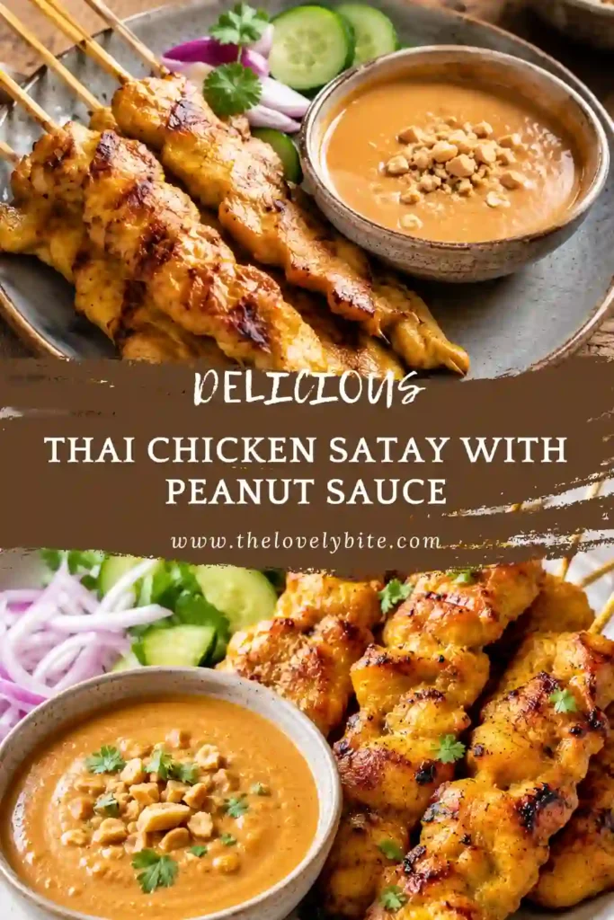 Thai chicken skewers served with creamy peanut sauce, lime wedges, cilantro, and chopped roasted peanuts. This easy chicken satay has golden grilled edges and a tender texture.
