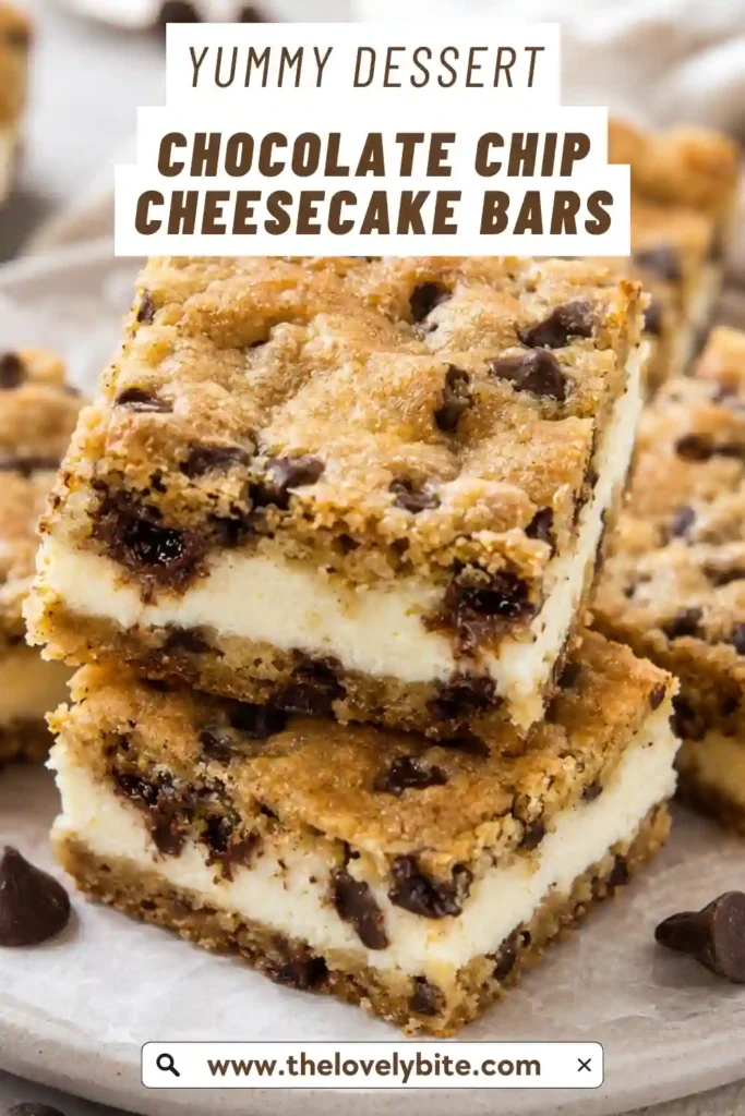 Easy cheesecake cookie bars made with chocolate chip cookie dough and creamy vanilla cheesecake filling. The dessert bars are chilled and neatly sliced into individual squares.