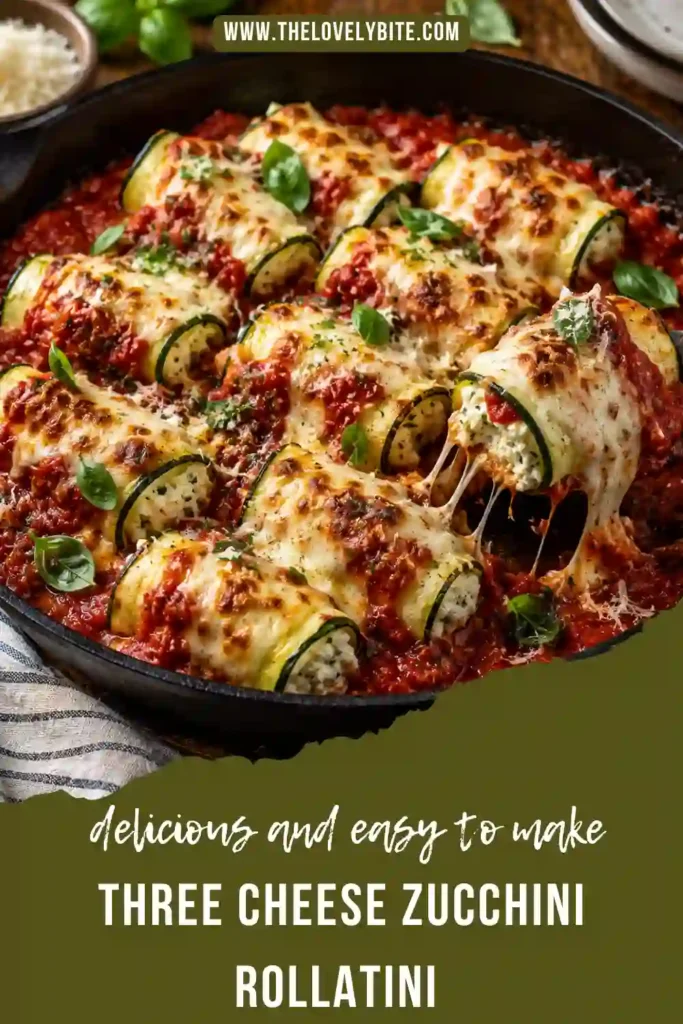 Baked zucchini rollatini filled with ricotta cheese and topped with mozzarella and Parmigiano Reggiano. Fresh basil and tomato sauce add bright color and Italian-inspired flavor.