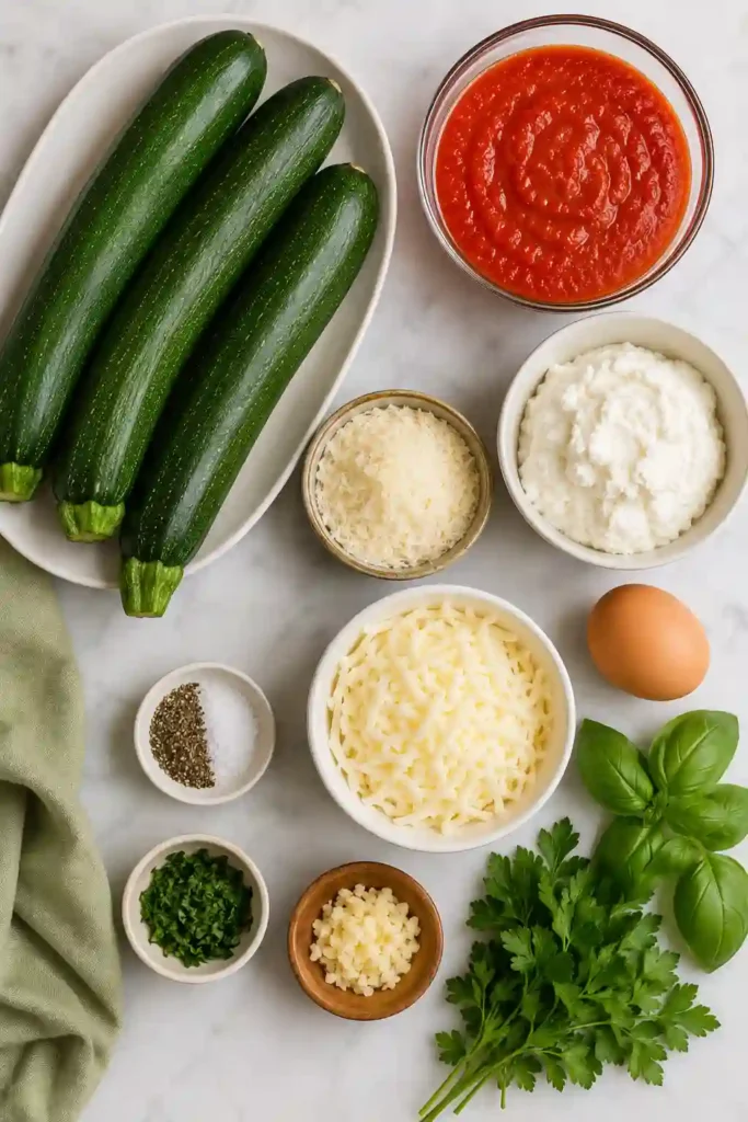 Three Cheese Zucchini Rollatini arranged in a baking dish with marinara sauce and melted mozzarella. The zucchini rolls are filled with creamy ricotta, Parmesan, garlic, and fresh herbs.