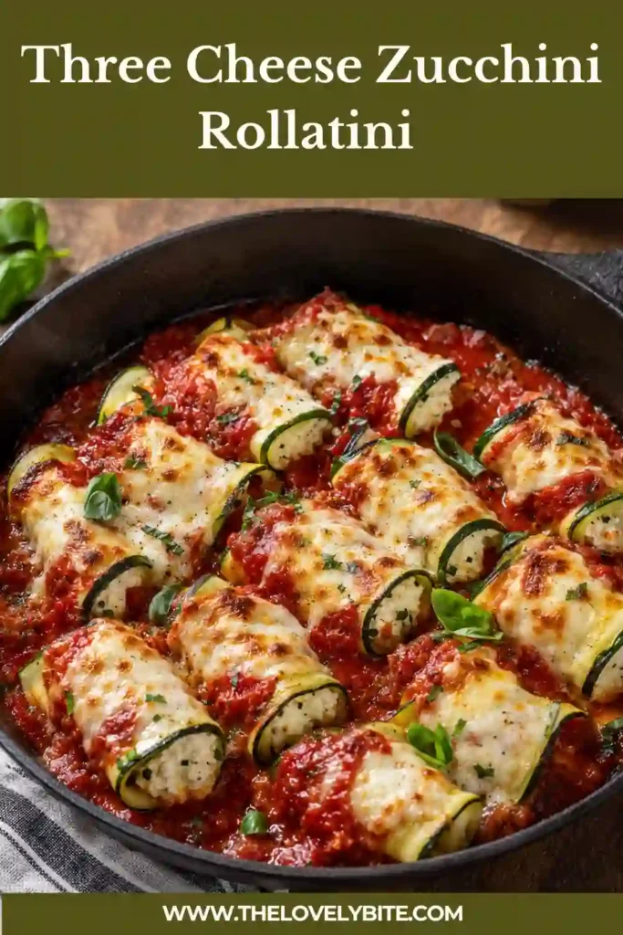 Three Cheese Zucchini Rollatini served warm with tender zucchini slices, creamy cheese filling, marinara sauce, and fresh basil. The melted cheese is lightly browned on top.